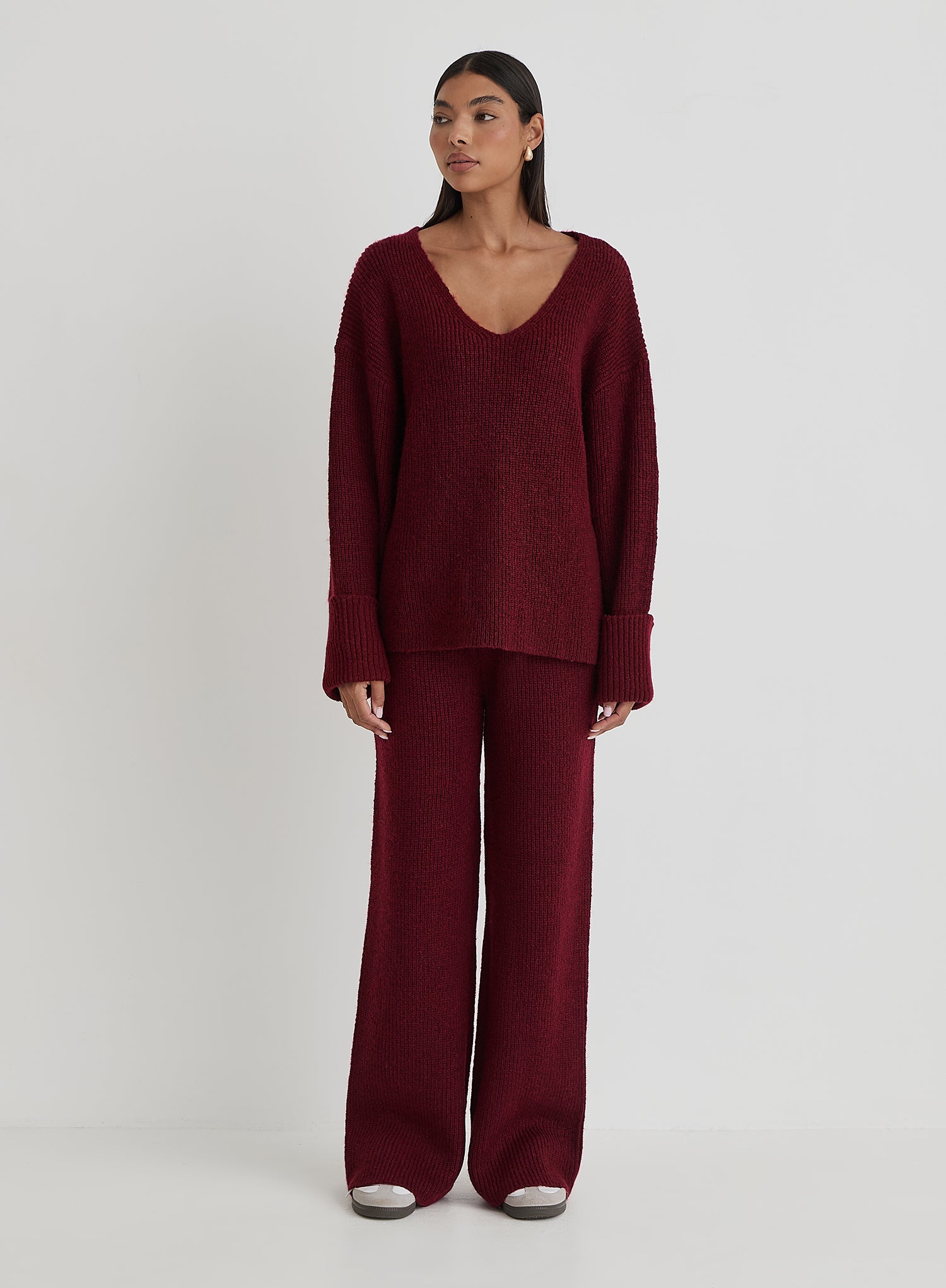 Burgundy Slouchy Knitted Jumper With Scarf